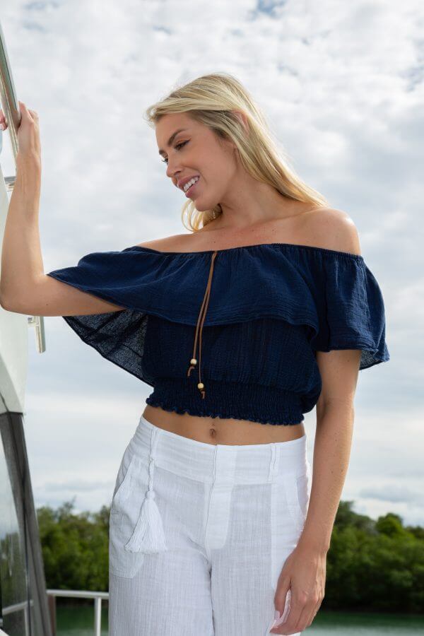 BONITA OFF-SHOULDER TOP (White, Blue)