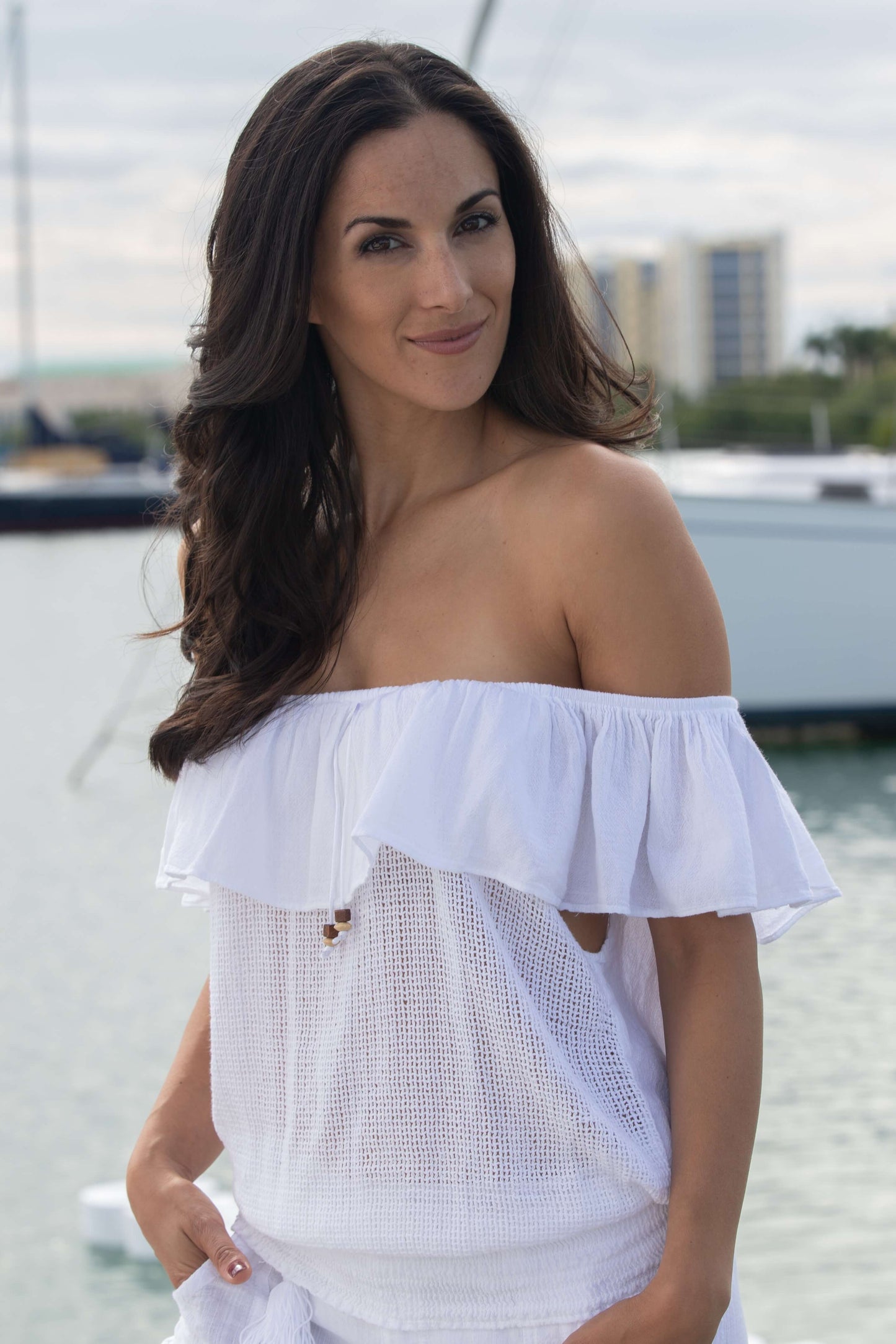 BONITA OFF-SHOULDER TOP (White, Blue)